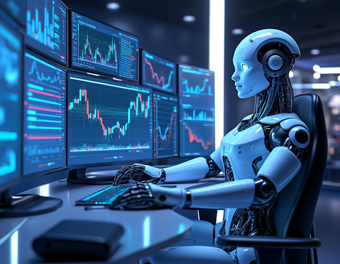 Hyper-realistic AI trading bot in a futuristic setting, analyzing data on multiple screens.