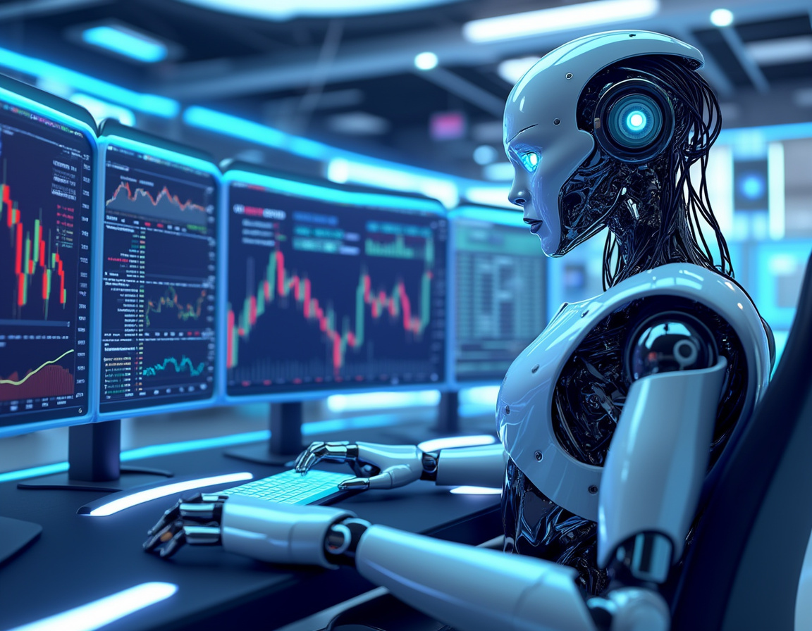 A humanoid AI trading bot analyzes market data at a high-tech workstation with glowing screens.