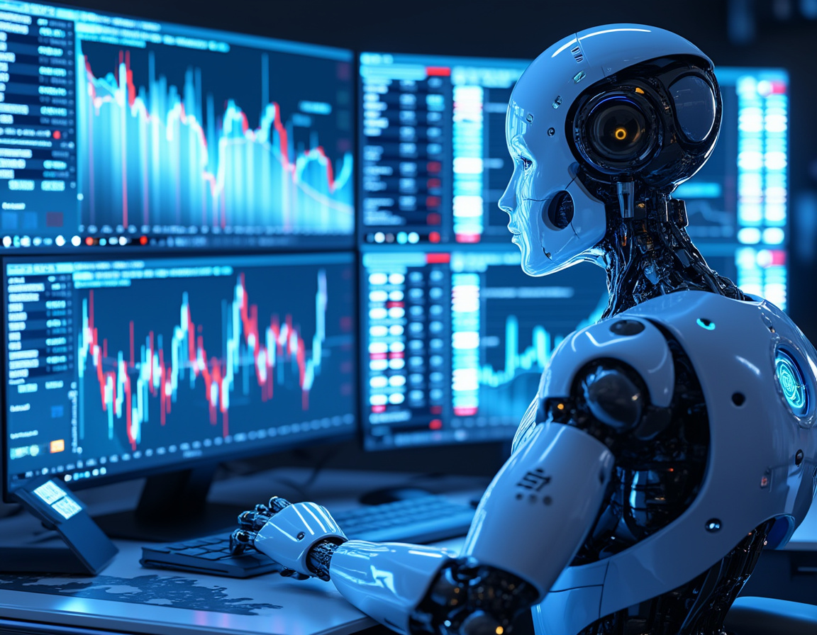 A hyper-realistic AI trading bot analyzes market data at a sleek workstation with multiple screens.