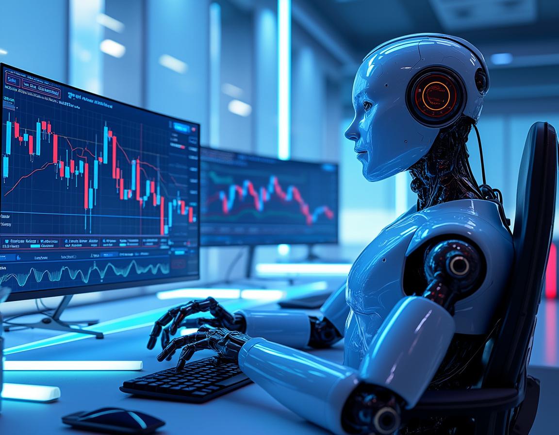 A sleek humanoid AI trading bot analyzes stock and crypto data at a high-tech workstation, calmly.