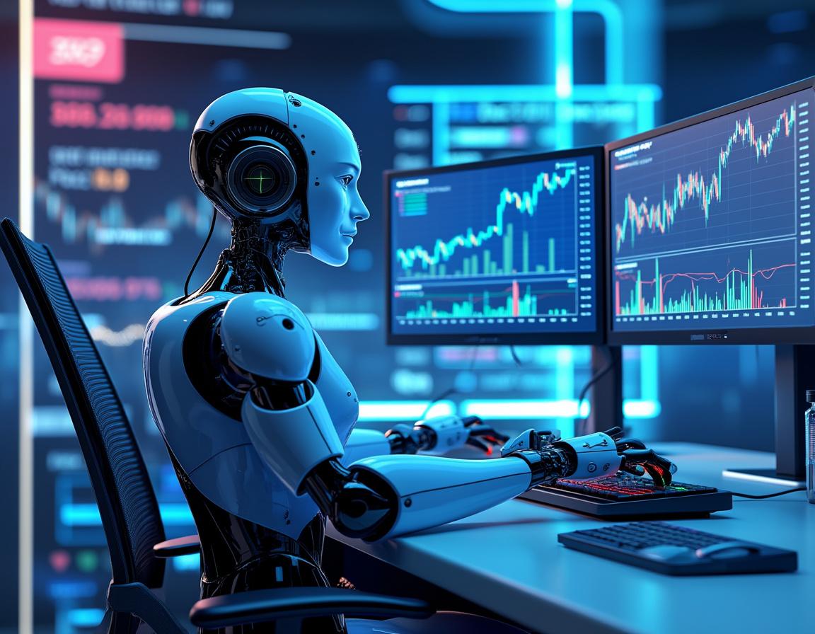 A humanoid AI trading bot at a futuristic workstation, analyzing market data on multiple screens.