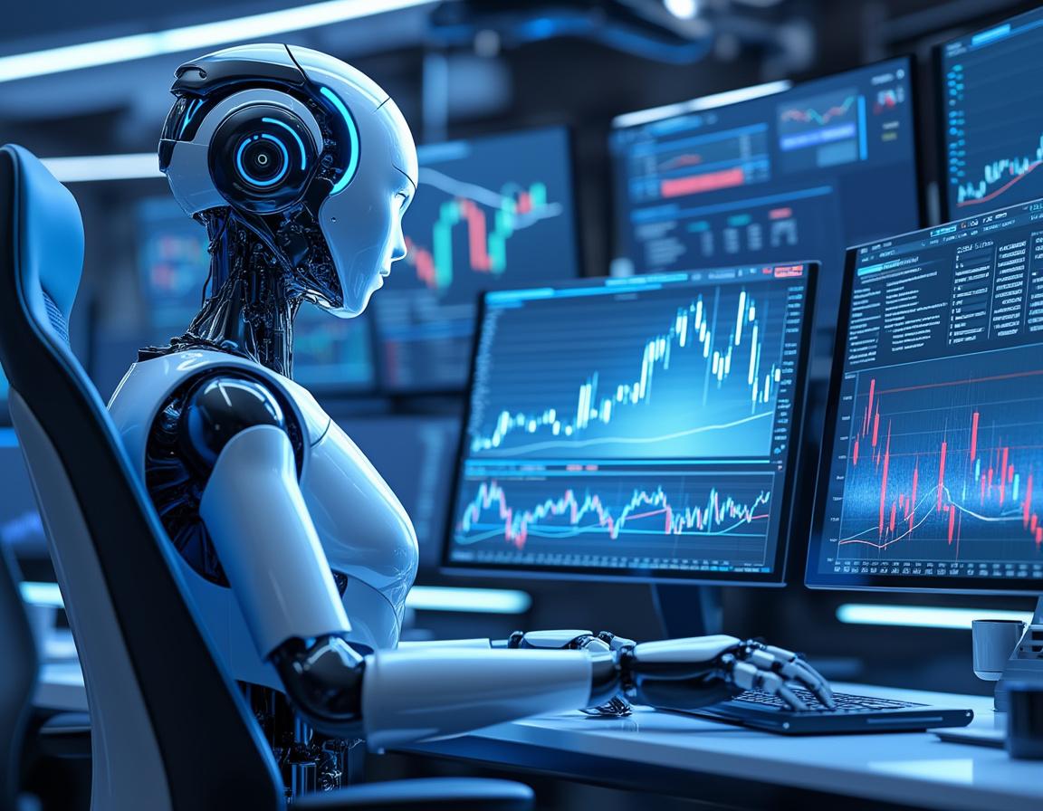 A hyper-realistic AI trading bot in a high-tech environment, analyzing data on multiple screens.