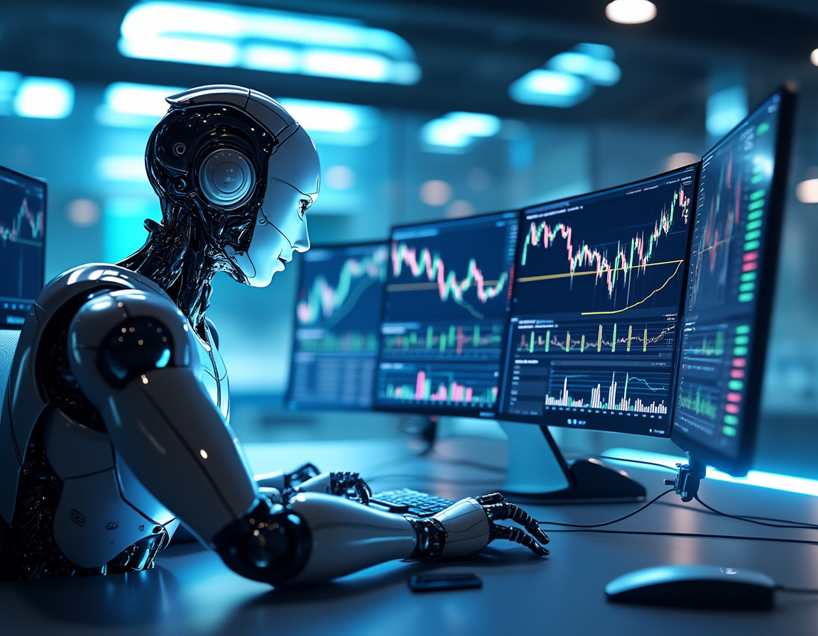 A hyper-realistic AI trading bot operates multiple screens in a futuristic trading environment.