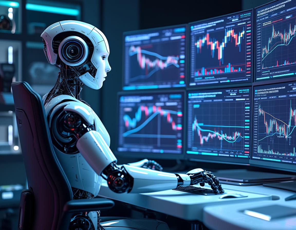A humanoid AI trading bot analyzes market data at a high-tech workstation with multiple screens.