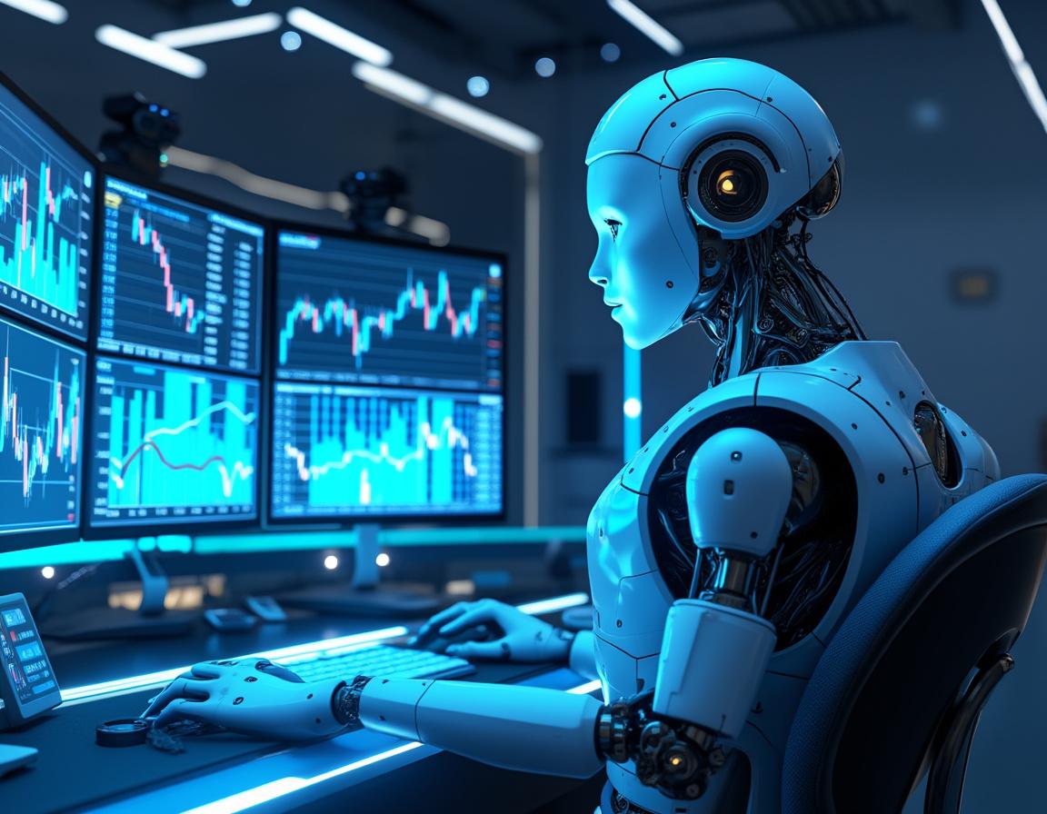 A hyper-realistic AI trading bot in a futuristic setting, analyzing data across multiple screens.