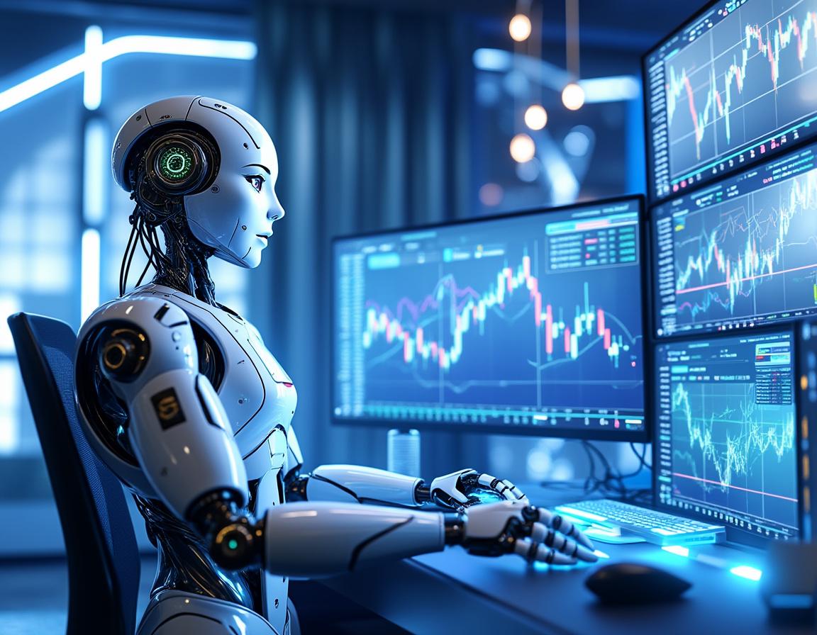 A hyper-realistic AI trading bot in a futuristic setting, analyzing markets with detailed charts.