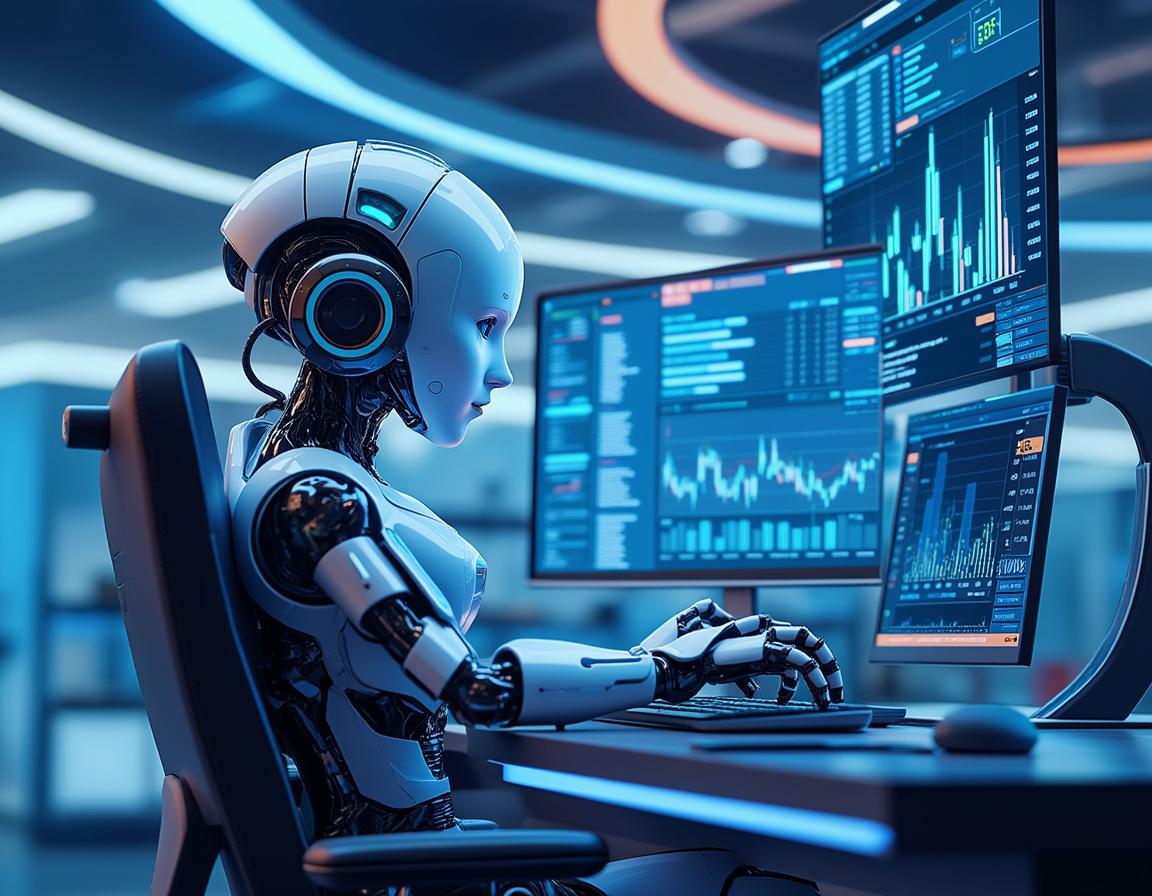 A hyper-realistic AI trading bot at a futuristic workstation analyzing crypto and stock market data.