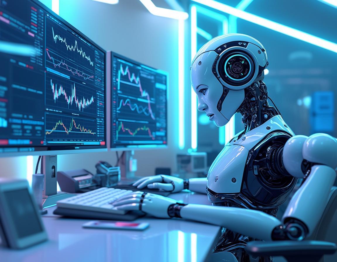 A hyper-realistic AI trading bot analyzes market data on multiple screens in a futuristic setting.