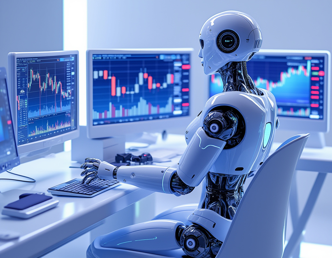 A humanoid AI trading bot analyzes market data in a high-tech workstation with glowing screens.