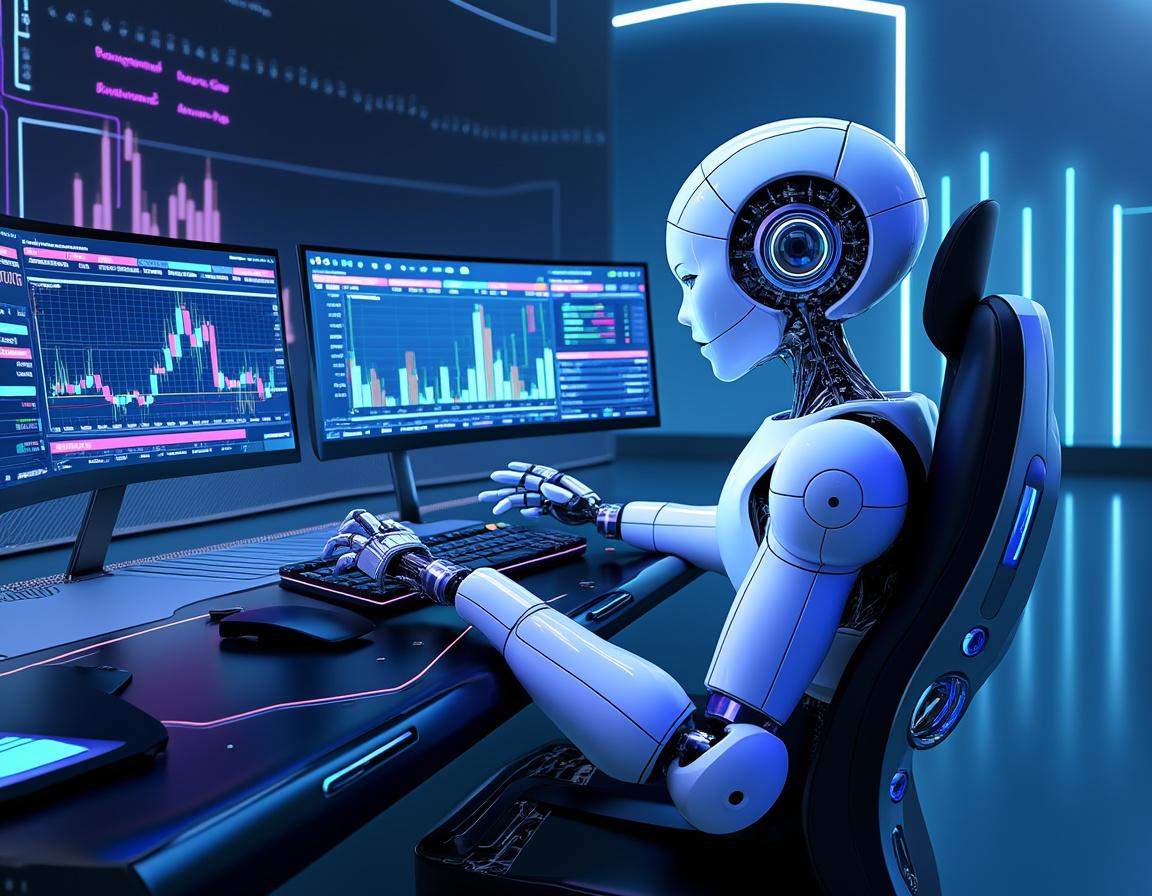 A hyper-realistic AI trading bot analyzes market data on multiple screens in a futuristic setup.