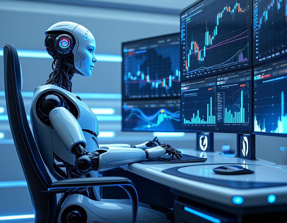 A humanoid AI trading bot at a futuristic workstation, analyzing market data on multiple screens.
