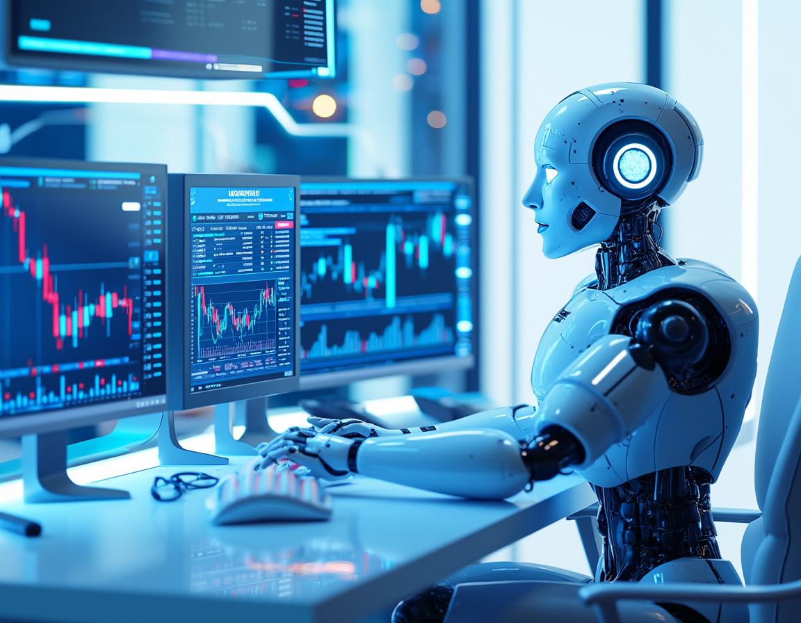 A sleek humanoid AI trading bot at a high-tech workstation analyzing stock and crypto market data.