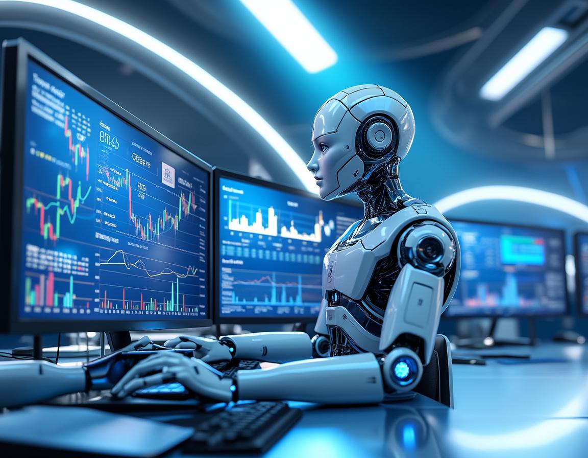 A humanoid AI trading bot analyzes market data at a high-tech workstation with multiple screens.