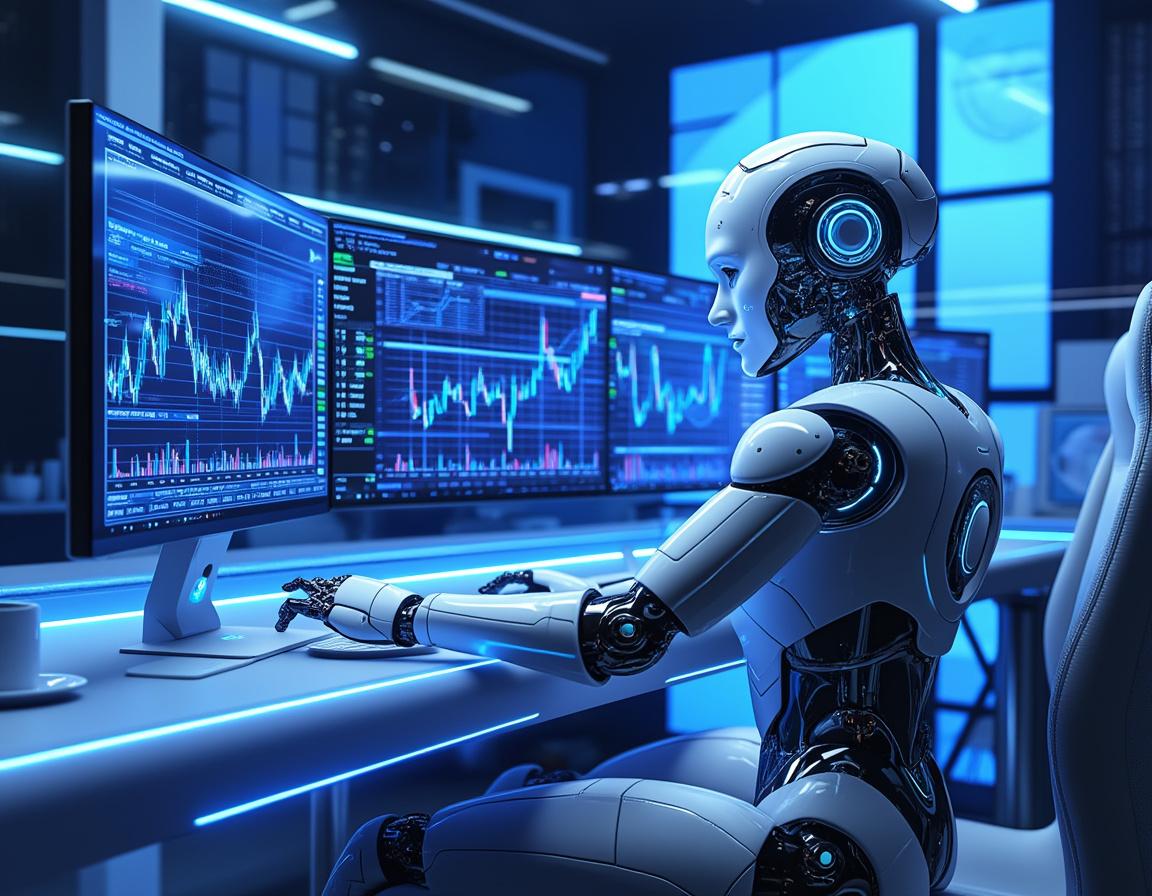A humanoid AI trading bot at a high-tech workstation analyses market data on multiple screens.