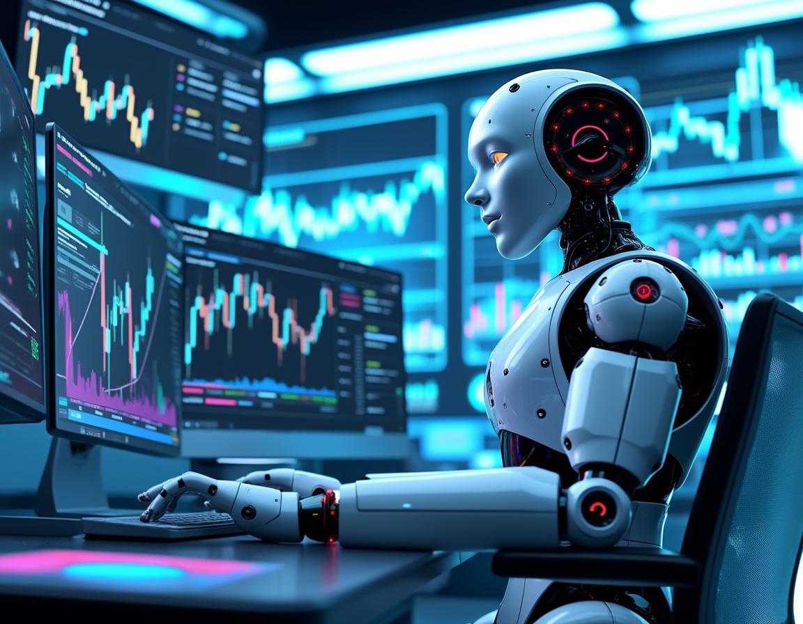 A hyper-realistic AI trading bot analyzes market data at a workstation filled with vibrant charts.
