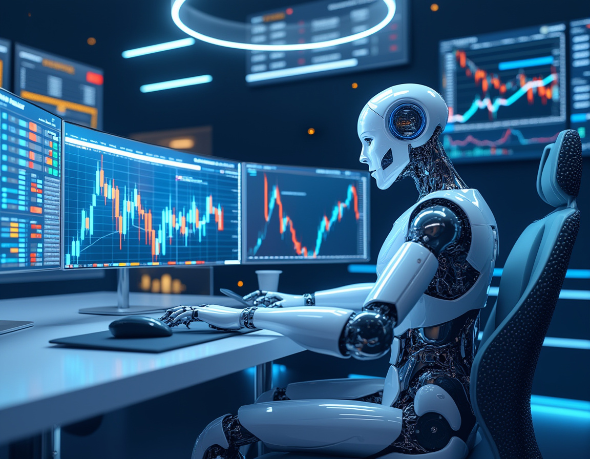 A hyper-realistic AI trading bot at a high-tech workstation analyzing stock and crypto market data.