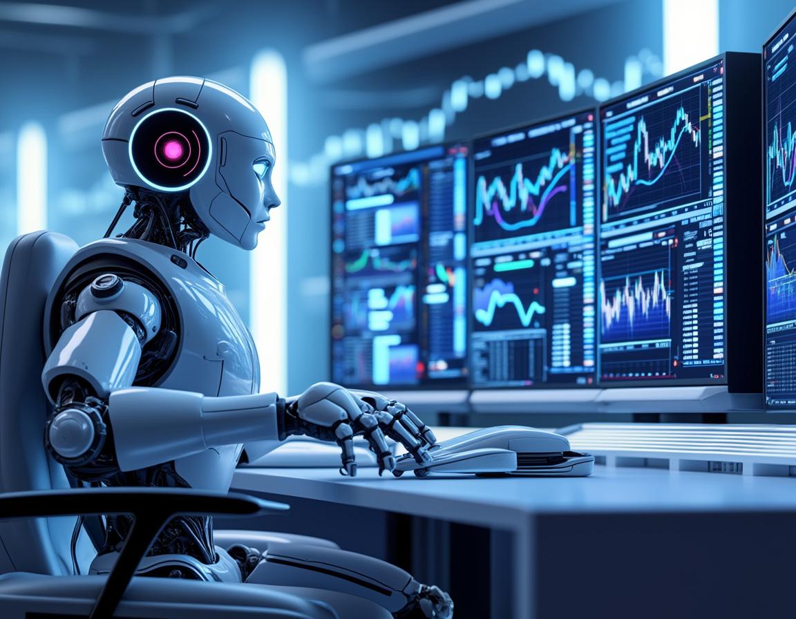 A humanoid AI trading bot at a futuristic workstation analyzing market data across multiple screens.