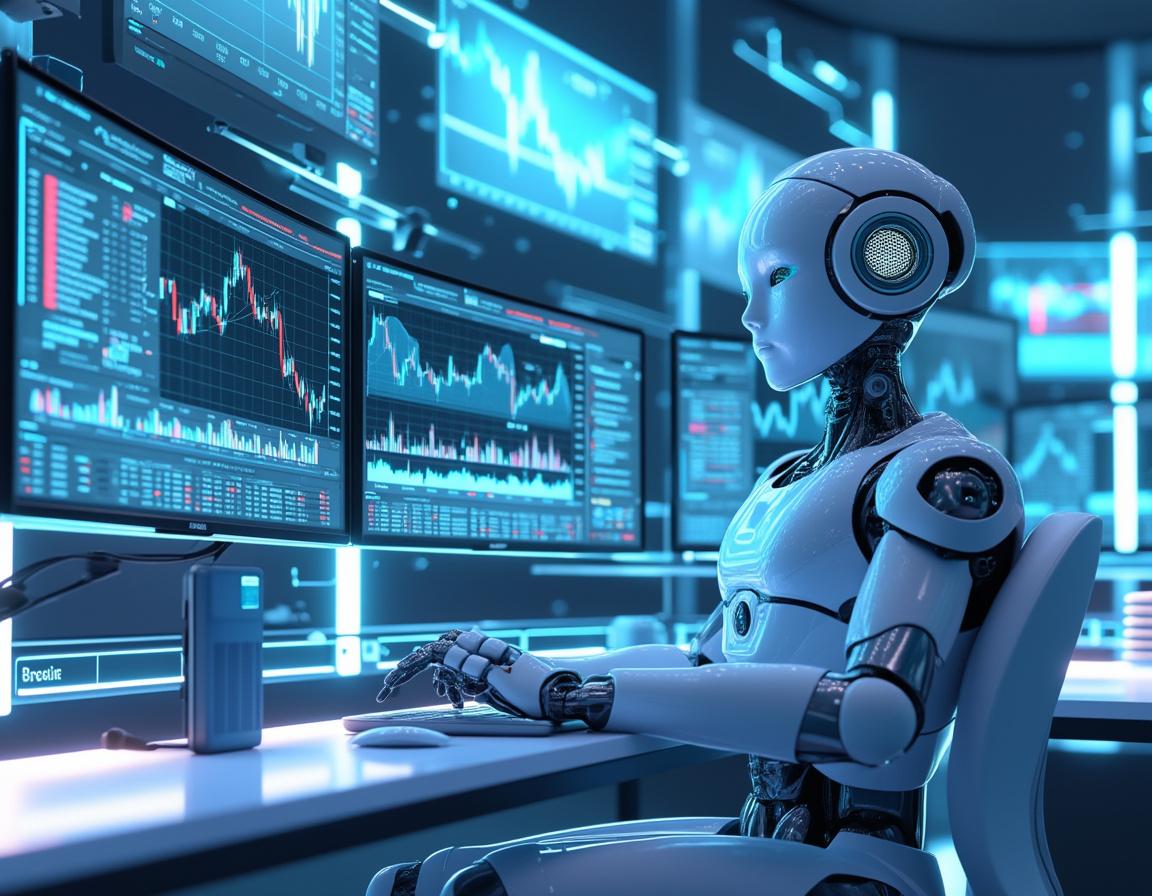 A hyper-realistic AI trading bot analyzes market data on multiple screens in a futuristic setting.