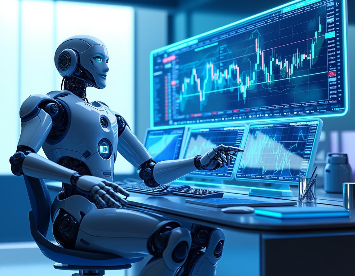 A sleek humanoid AI trading bot at a high-tech workstation analyzing multiple market data screens.