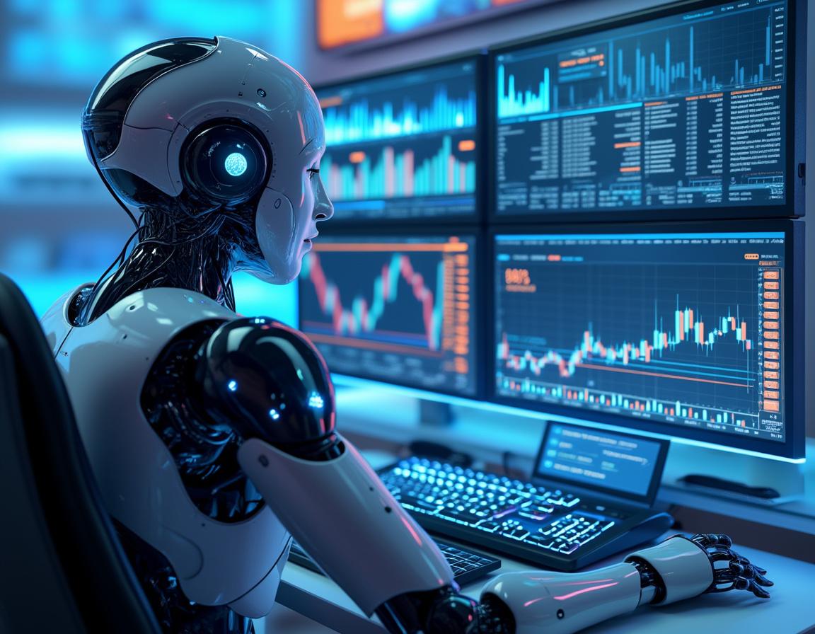 A hyper-realistic AI trading bot operates at a high-tech workstation, analyzing crypto market data.