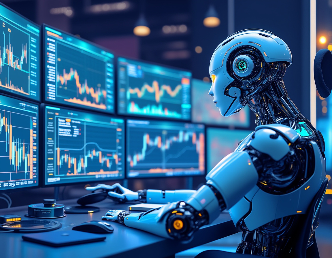 A humanoid AI trading bot analyzes market data at a high-tech workstation with multiple screens.
