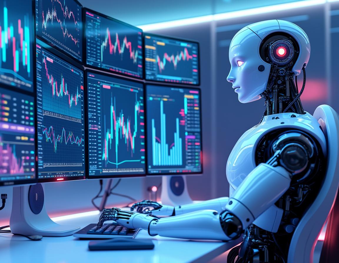 A humanoid AI trading bot analyzes market data at a high-tech workstation with multiple screens.
