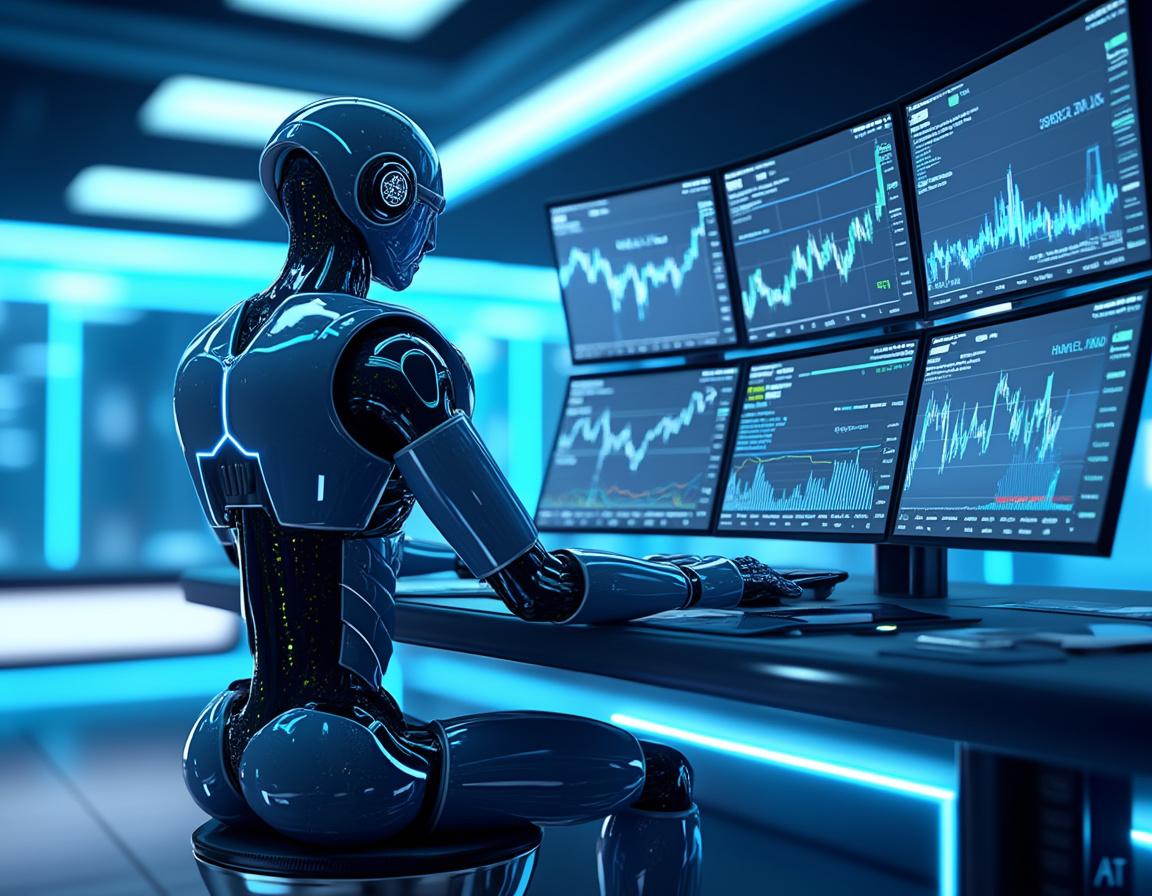A humanoid AI trading bot analyzes market data at a high-tech workstation with glowing screens.