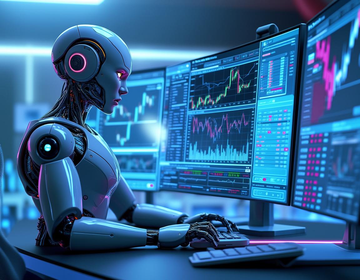 A humanoid AI trading bot analyzes market data at a futuristic workstation with multiple screens.