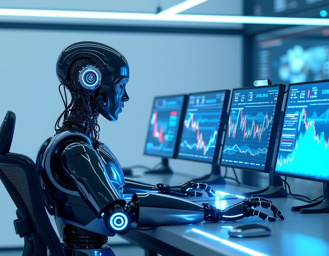 A hyper-realistic AI trading bot at a sleek workstation analyzing crypto and stock market data.
