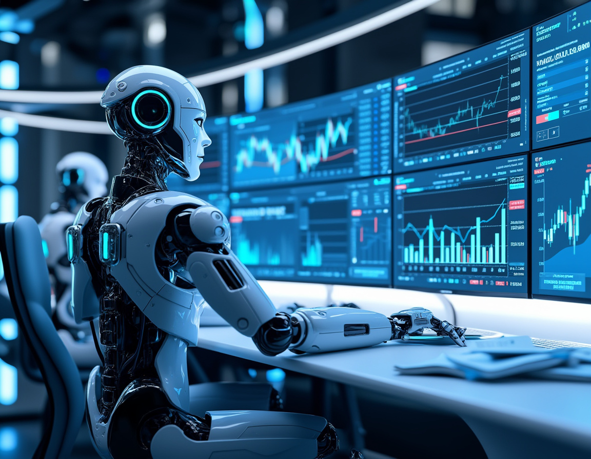 A humanoid AI trading bot at a workstation analyzing stock and crypto data on multiple screens.