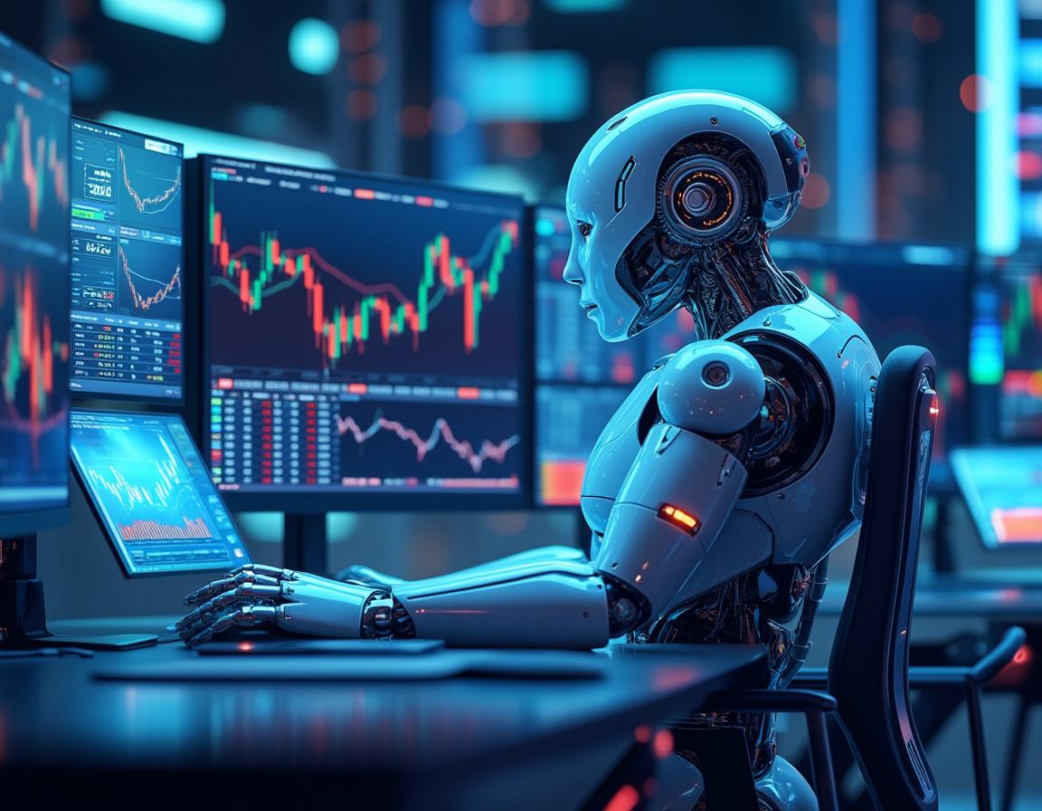 A hyper-realistic AI trading bot engaged in market analysis at a high-tech workstation with screens.
