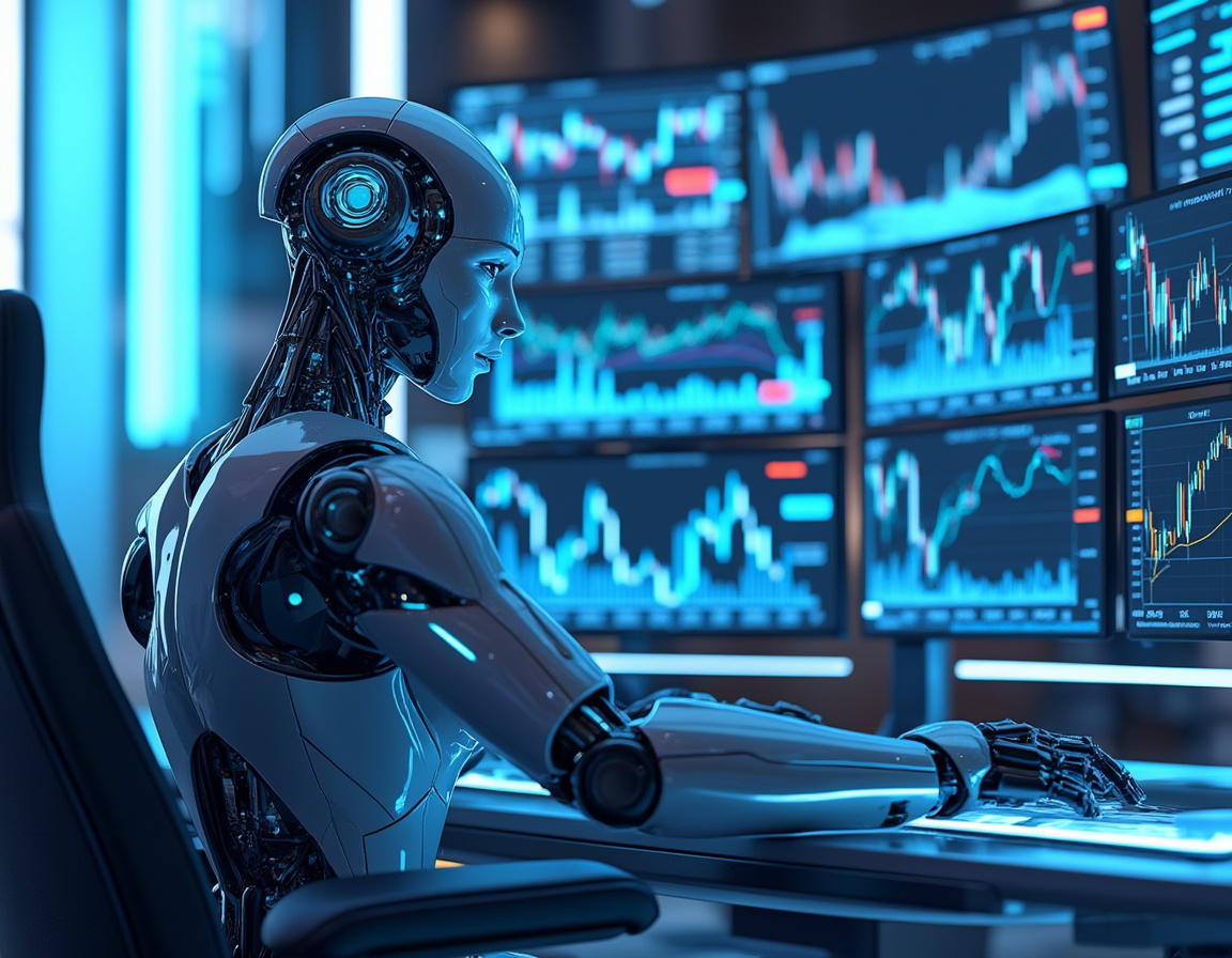 A humanoid AI trading bot analyzing market data at a futuristic workstation with glowing screens.
