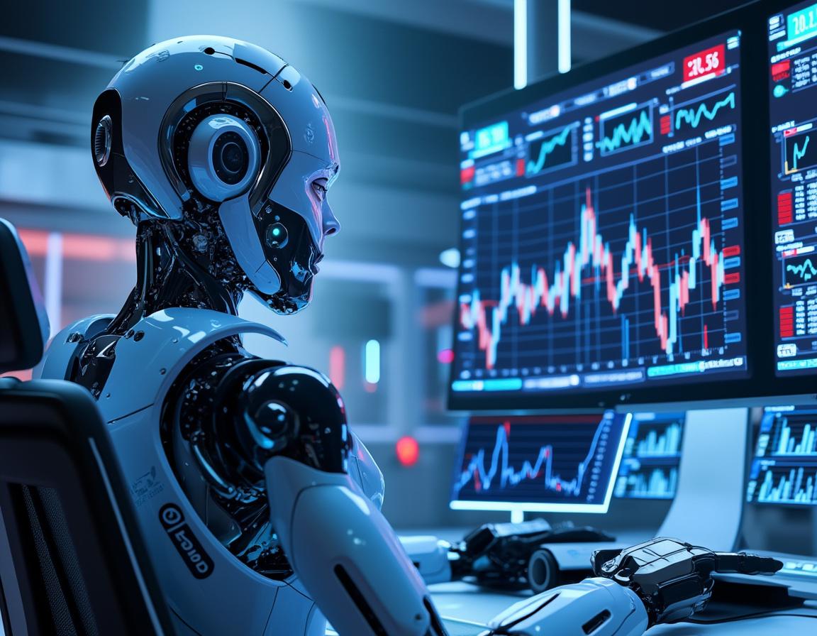 A hyper-realistic AI trading bot at a workstation, analyzing market data on multiple screens.