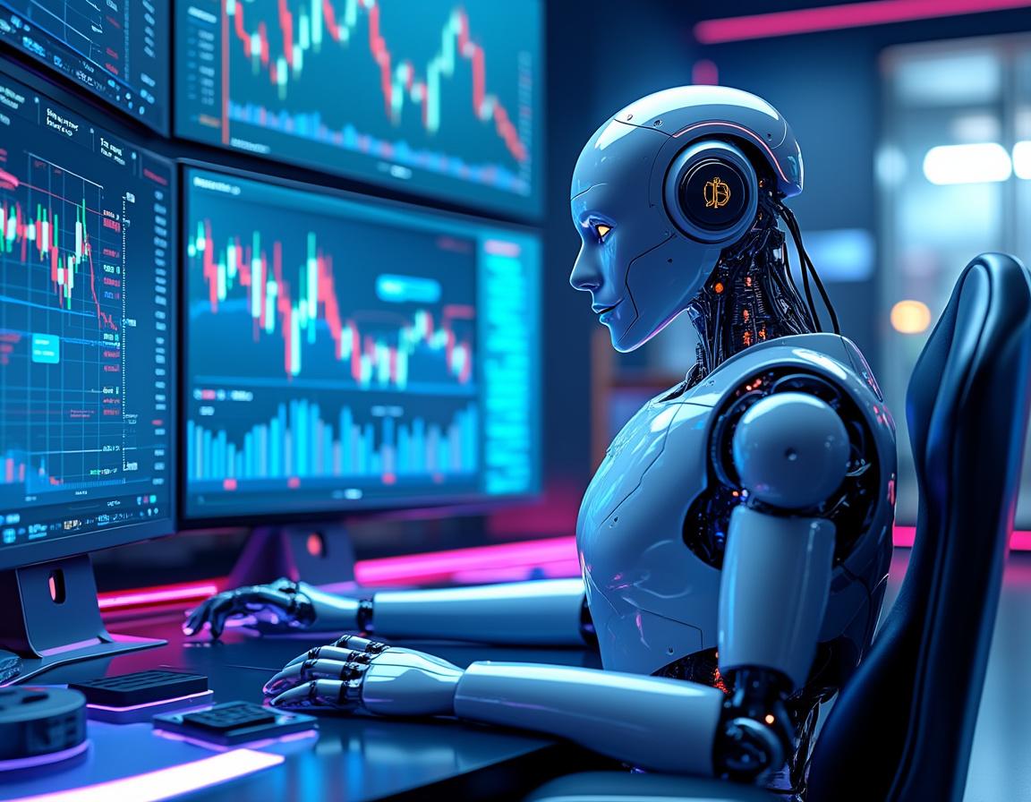 A hyper-realistic AI trading bot analyzes market data on multiple screens in a futuristic workspace.