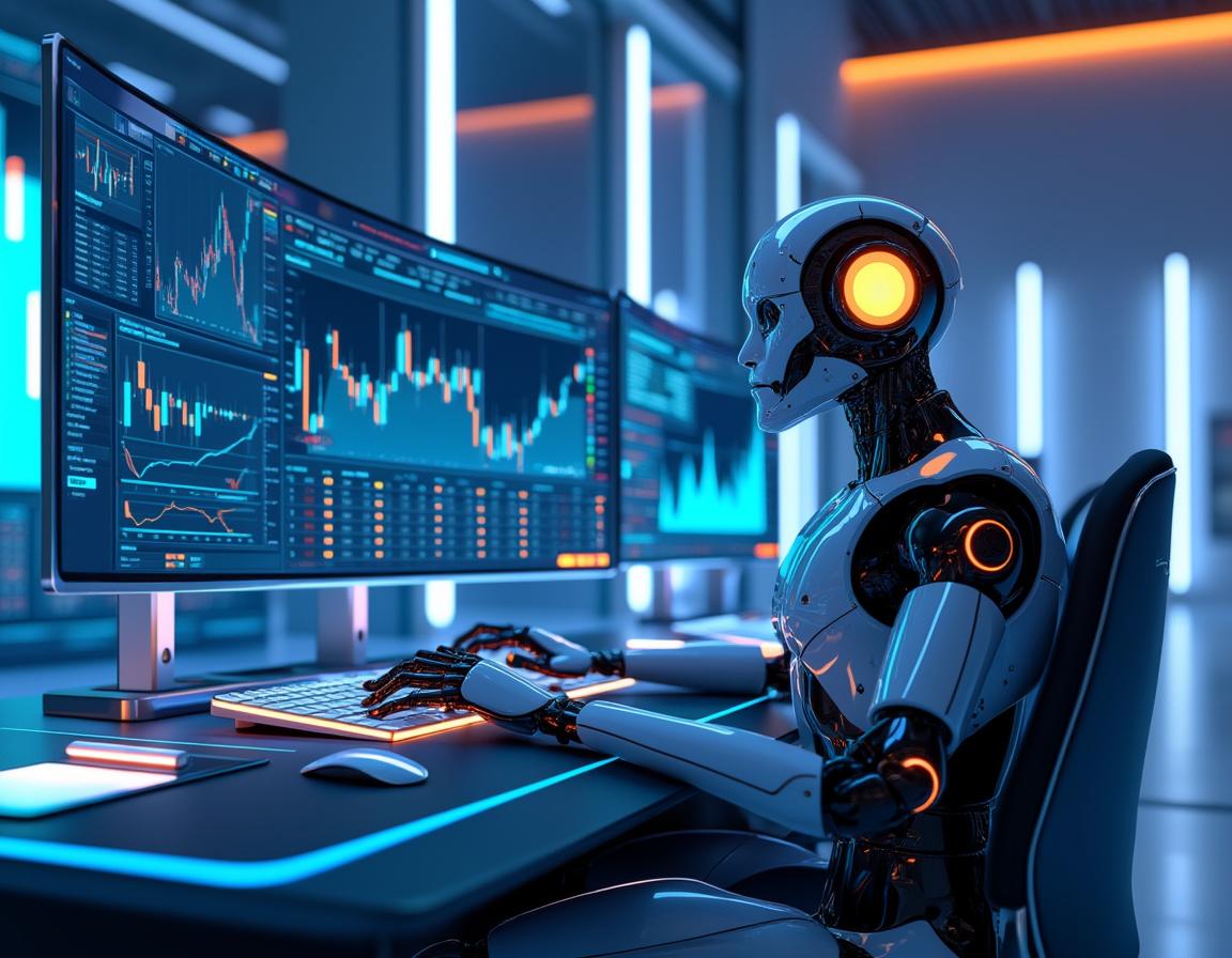 A humanoid AI trading bot at a high-tech workstation, analyzing data on multiple glowing screens.