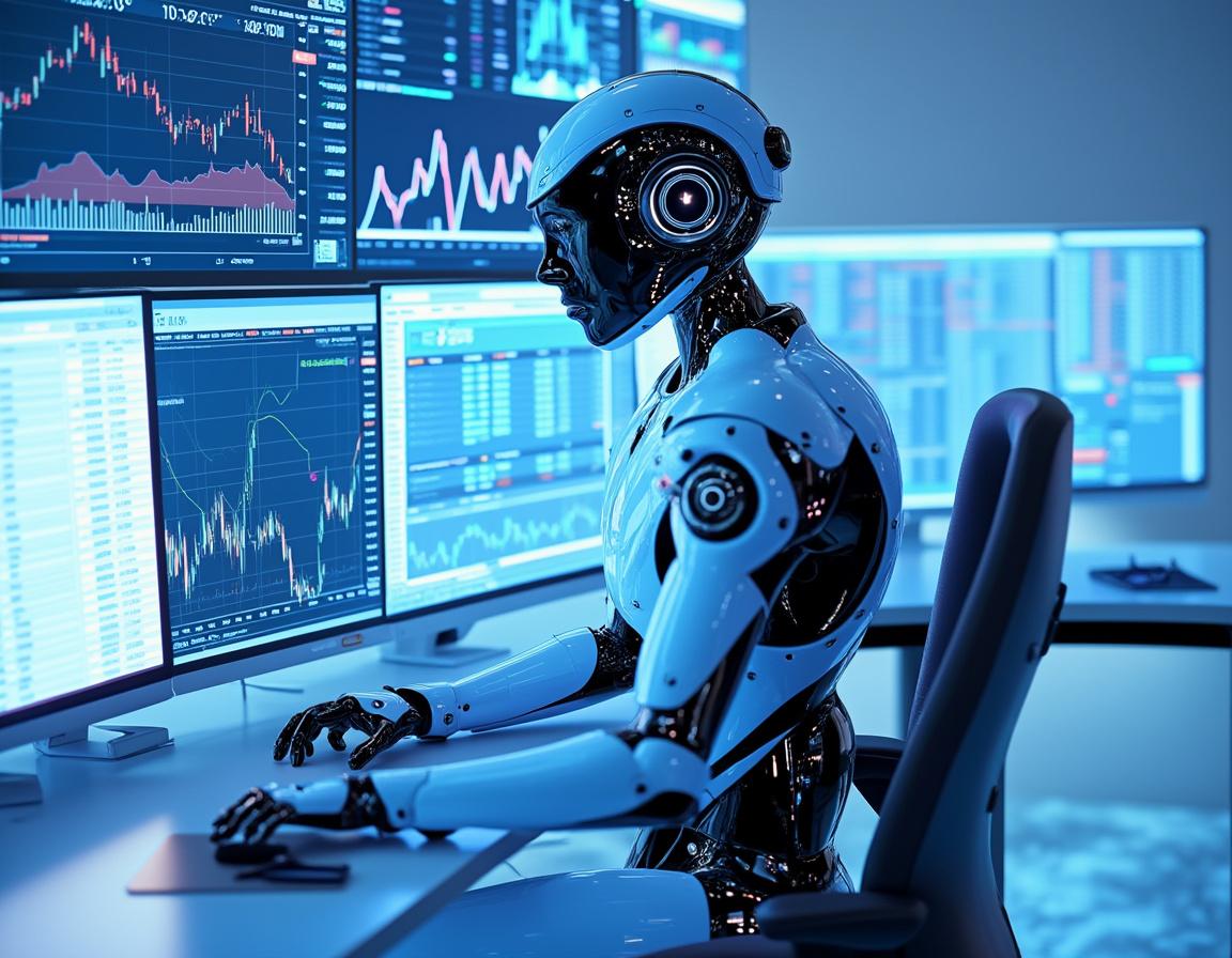 A humanoid AI trading bot analyzes market data at a high-tech workstation, surrounded by screens.