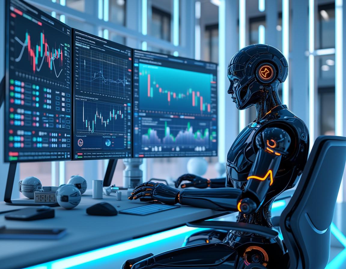 A hyper-realistic AI trading bot analyzes market data in a futuristic financial trading environment.
