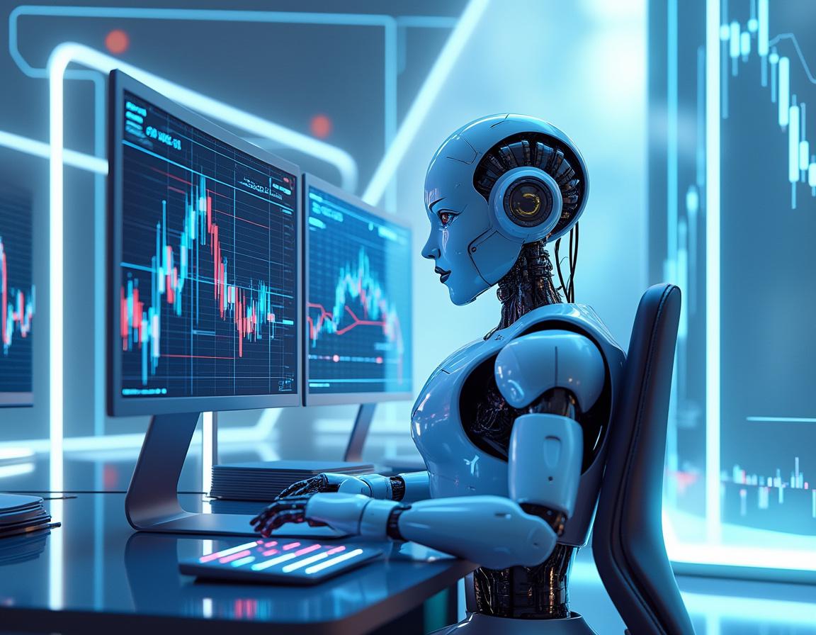 A hyper-realistic AI trading bot at a futuristic workstation analyzing stock and crypto market data.