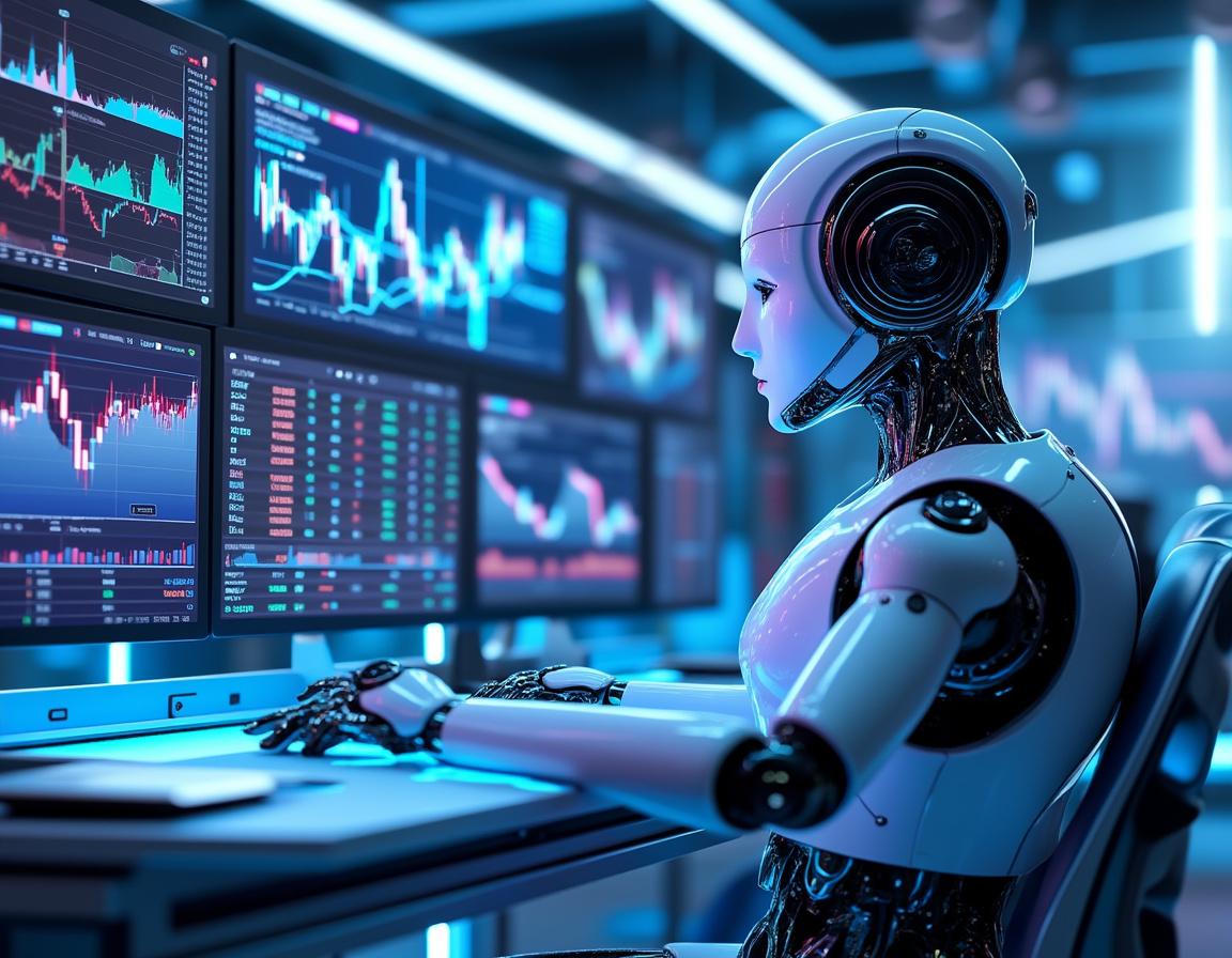 A humanoid AI trading bot analyzes market data at a high-tech workstation with multiple screens.