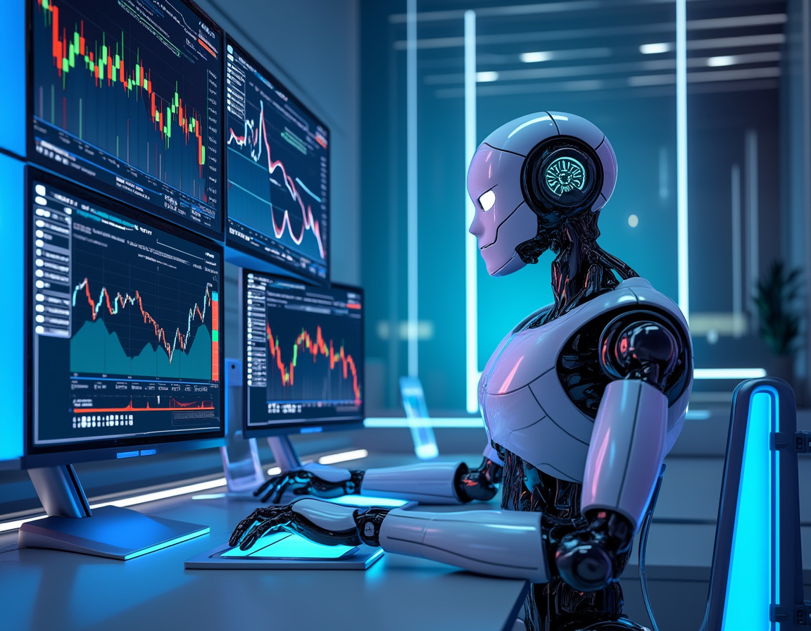A sleek AI trading bot at a high-tech workstation analyzes market data on multiple glowing screens.