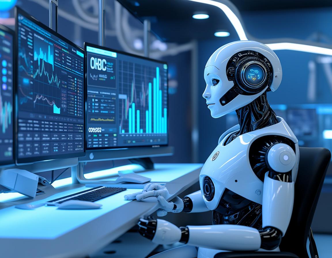 A hyper-realistic AI trading bot analyzes markets at a futuristic workstation with glowing screens.
