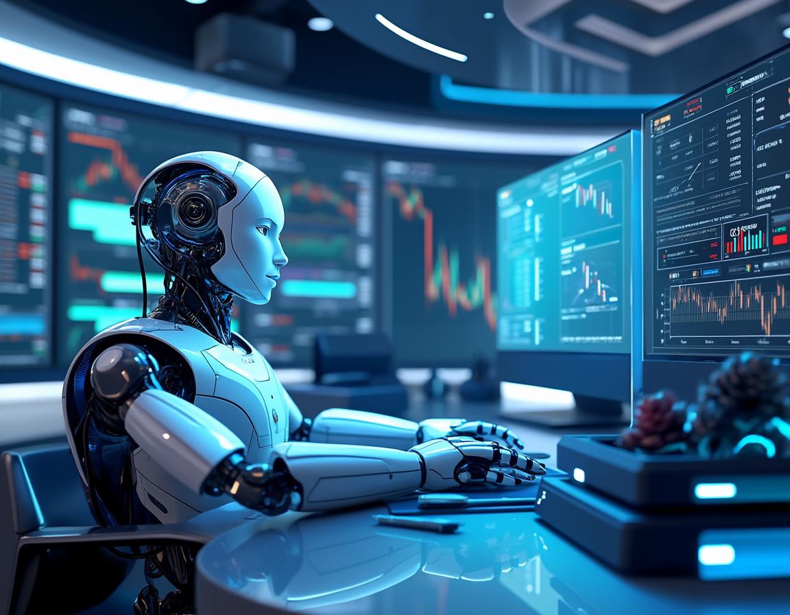 A hyper-realistic AI trading bot at a high-tech workstation analyzing markets on multiple screens.