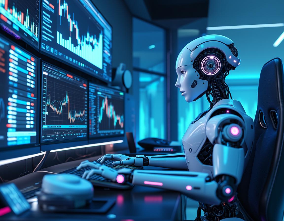 A humanoid AI trading bot analyzes market data at a futuristic workstation with glowing screens.