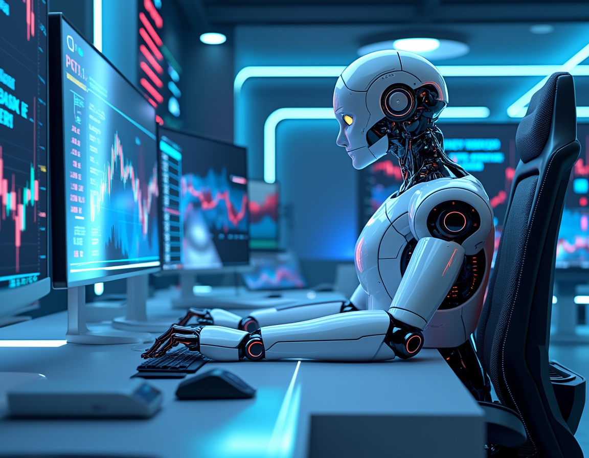 A humanoid AI trading bot analyzes market data at a high-tech workstation with multiple screens.