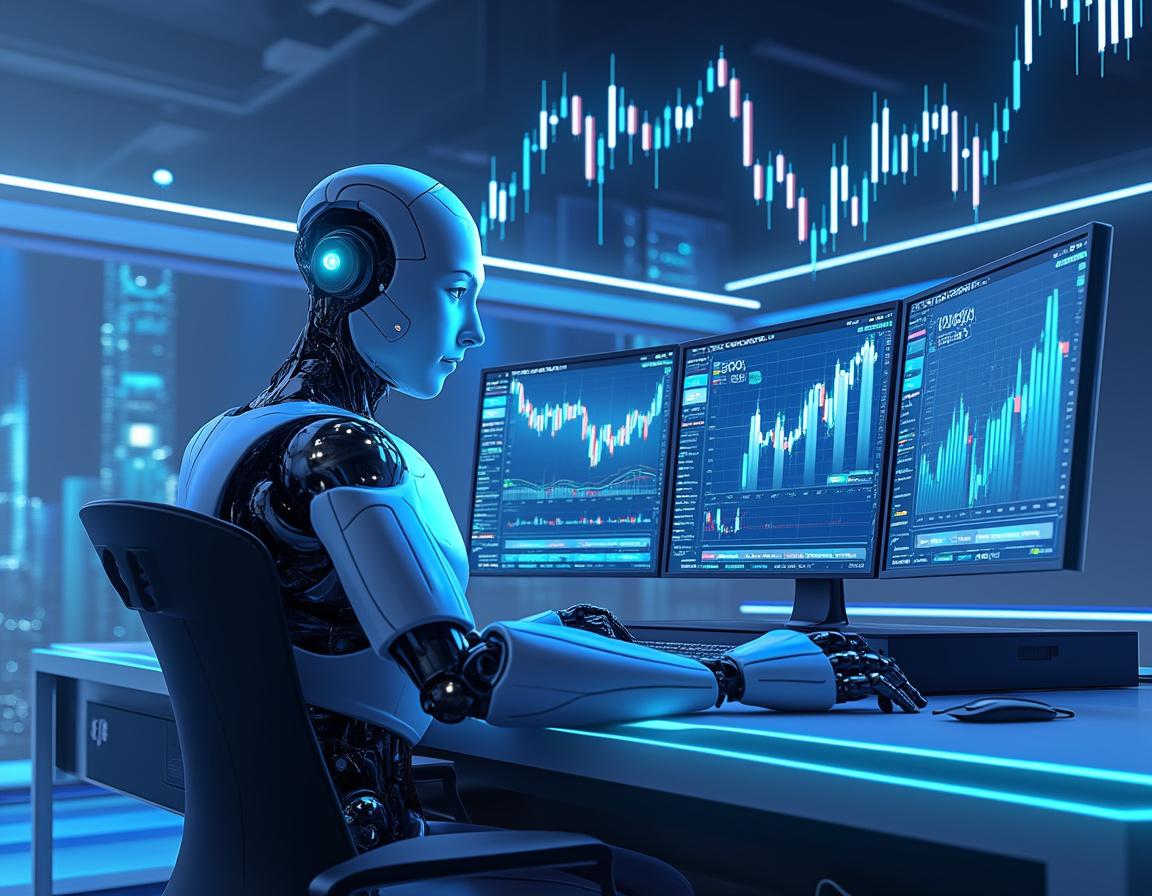 A humanoid AI trading bot analyzes market data at a high-tech workstation with futuristic screens.