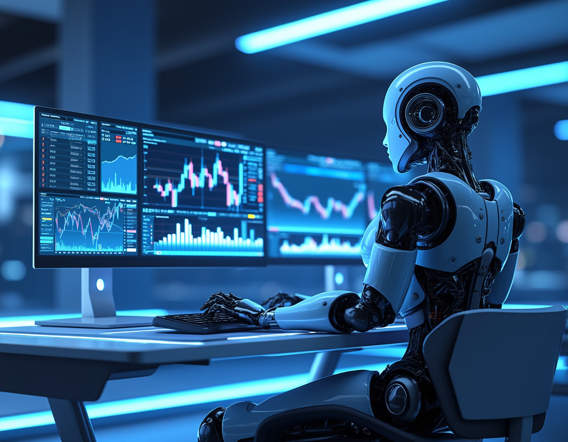 A hyper-realistic AI trading bot in a futuristic setting analyzing data across multiple screens.