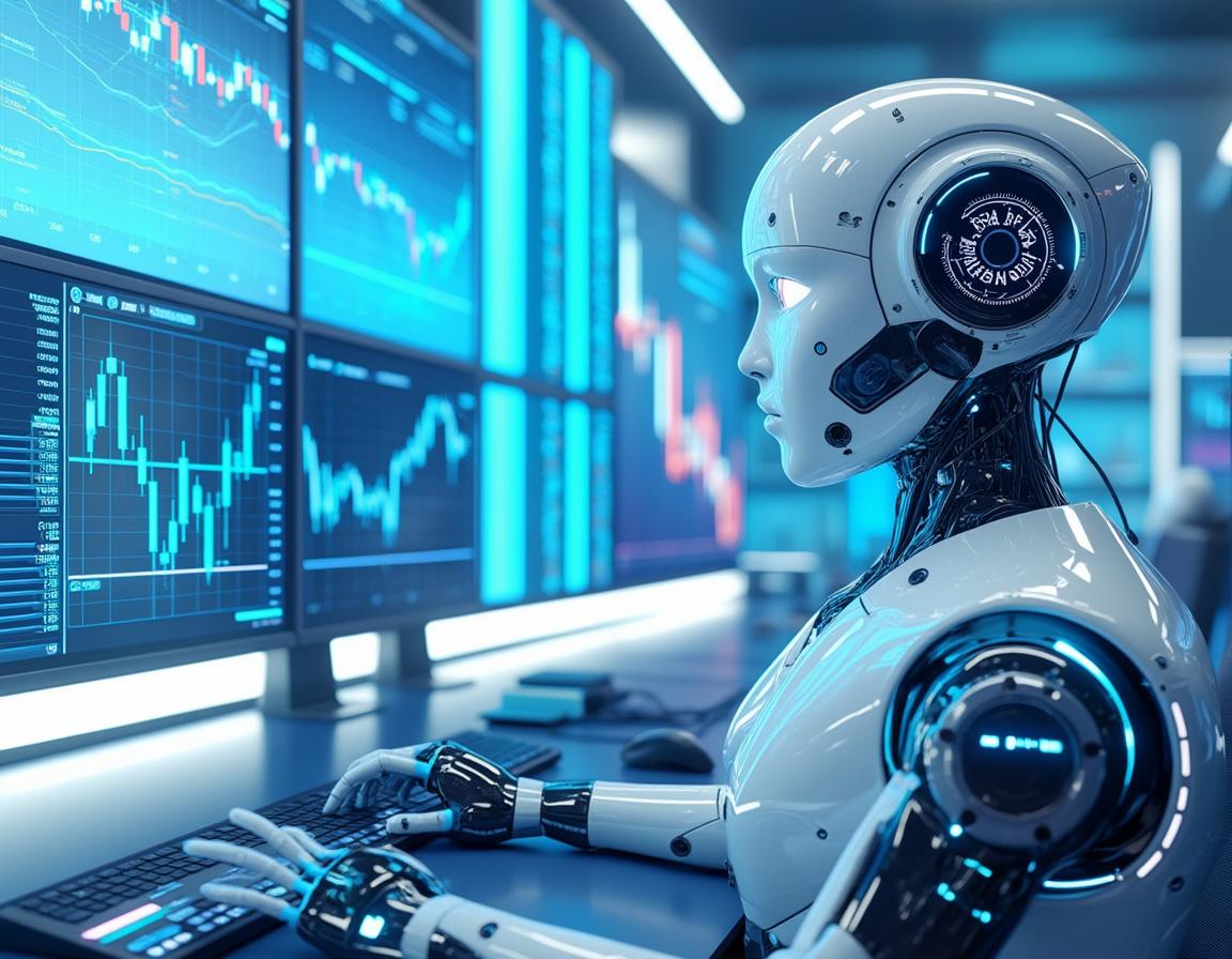 A humanoid AI trading bot analyzes market data at a high-tech workstation with multiple screens.