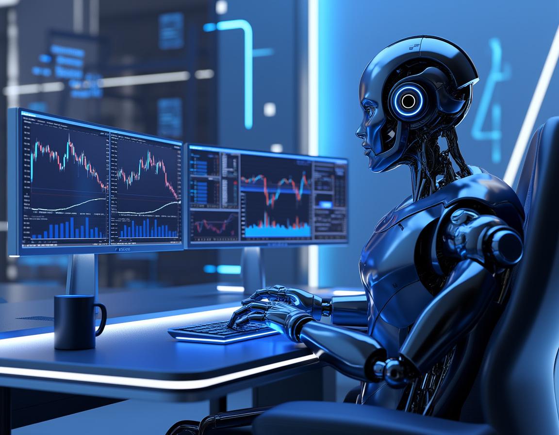 A humanoid AI trading bot operates in a futuristic setting, analyzing data on multiple screens.