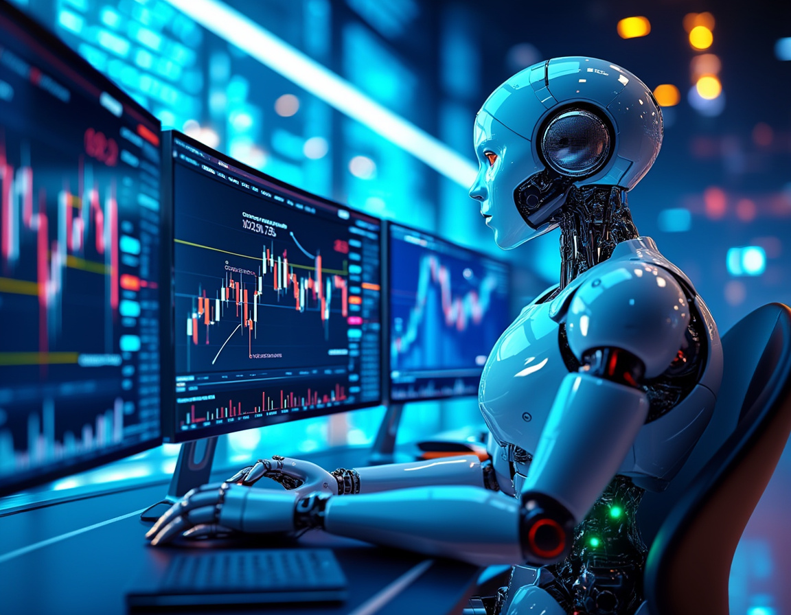 A humanoid AI trading bot at a futuristic workstation, analyzing market data on multiple screens.