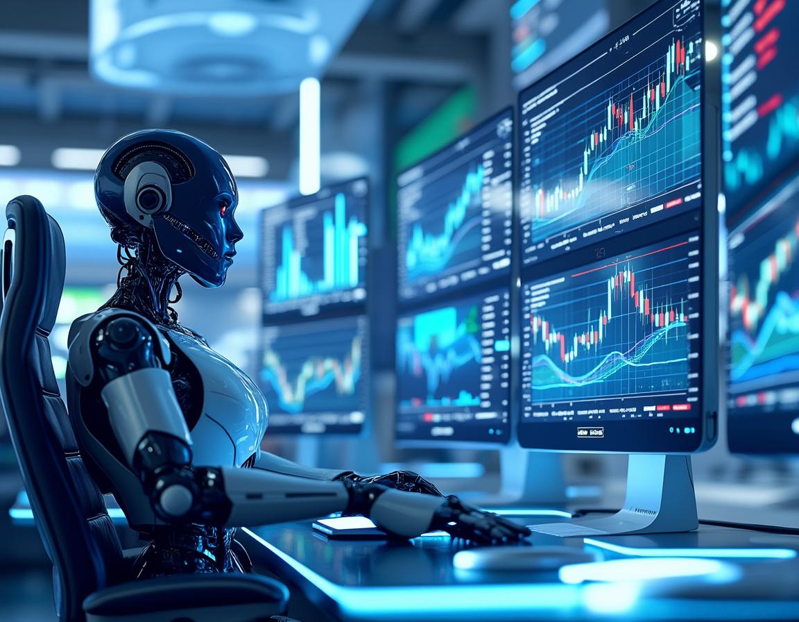 A hyper-realistic AI trading bot at a workstation analyzing market data in a futuristic setting.